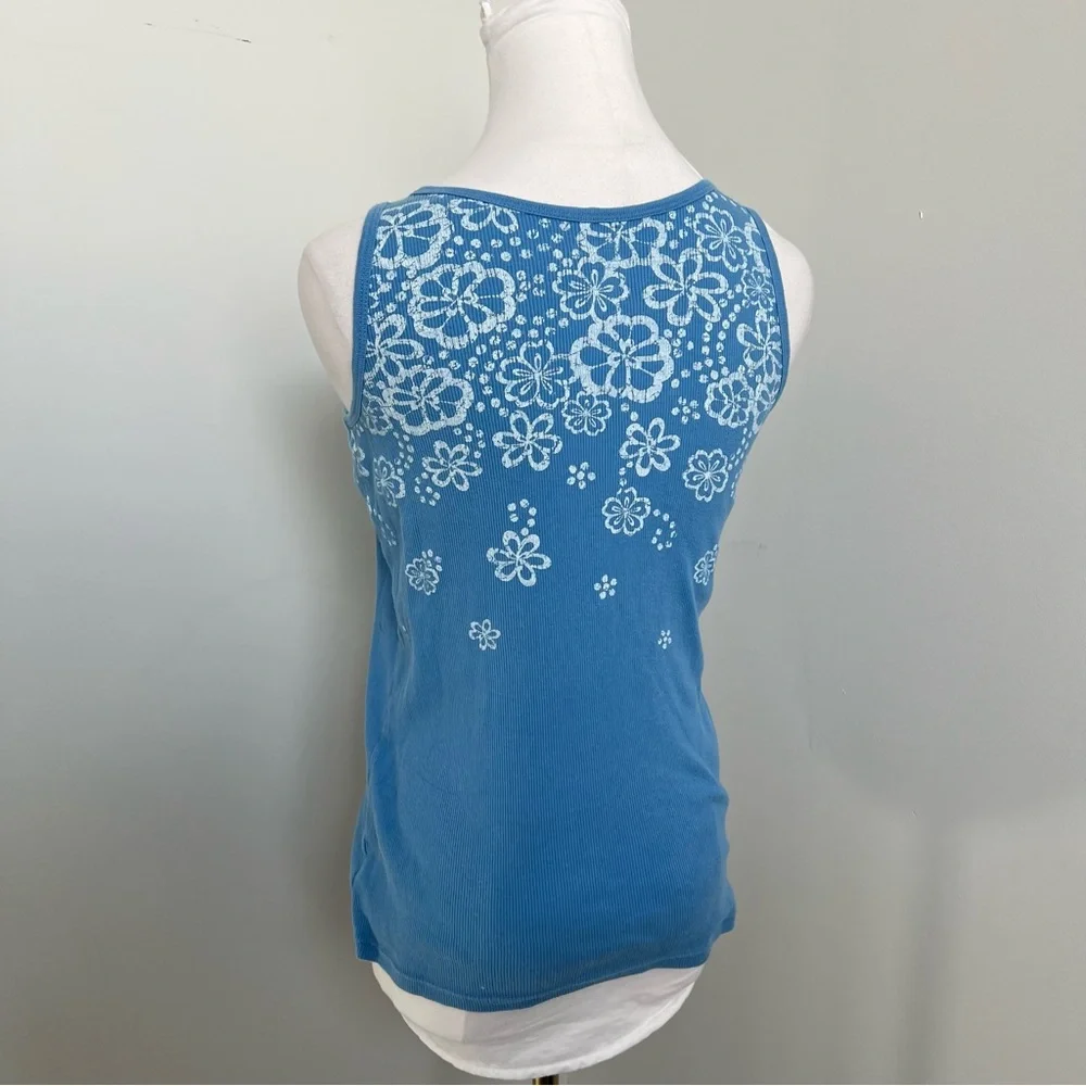 Y2K Blue Floral Tank Top Baby Tee Style White Flower Graphic Camisole XL - Picture 5 of 6